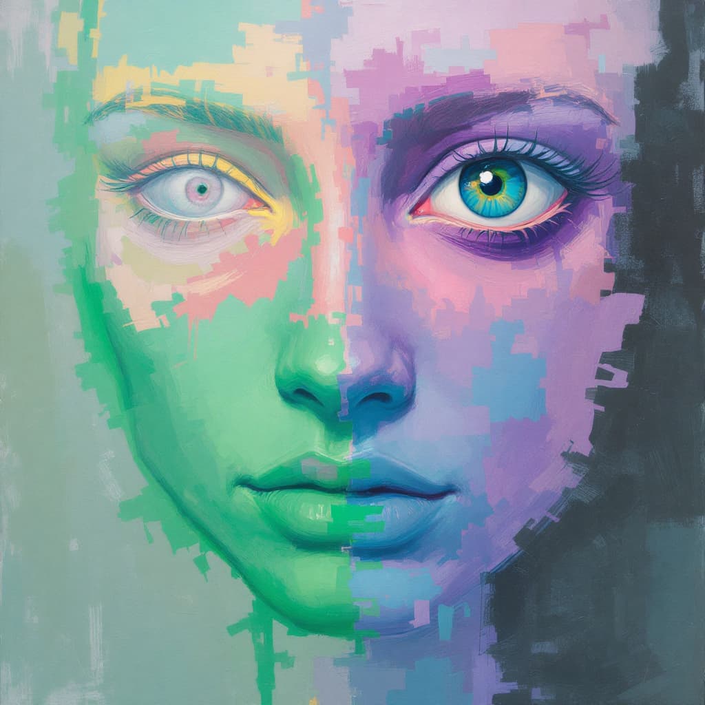 AI generated: artistic, pastel art, woman face, odd eye, left emerald color and right purple color, very rough tec...