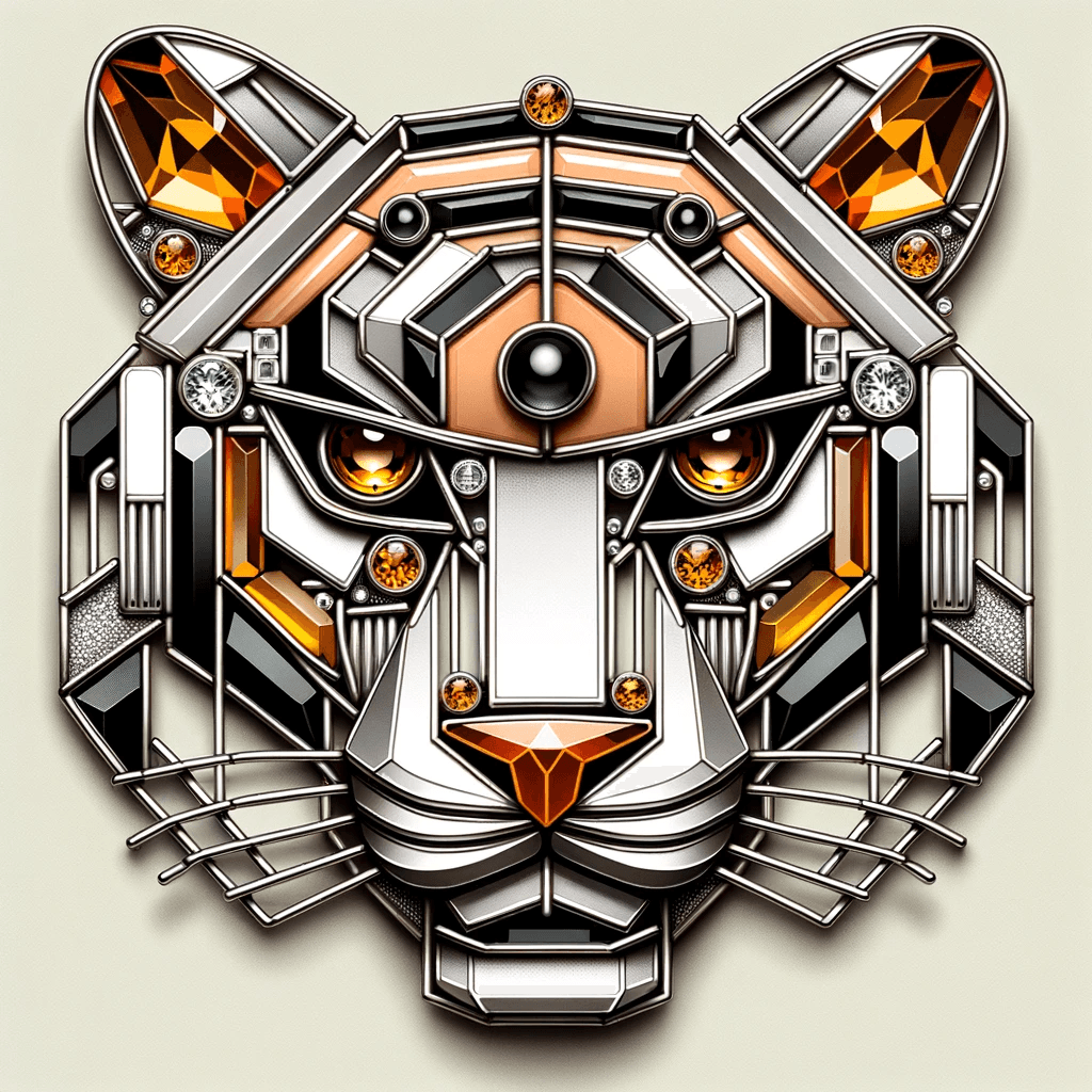 AI generated: An illustration of a cubist tiger face pendant, crafted from silver and embedded with gemstones of a...