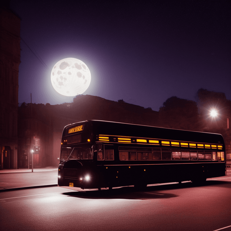 AI generated: dark bus in the middle of the night, moonlight, lit street