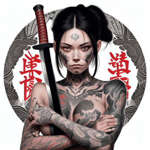AI generated: This image is a digital illustration of a woman with tattoos on her skin, holding a sword with both ...