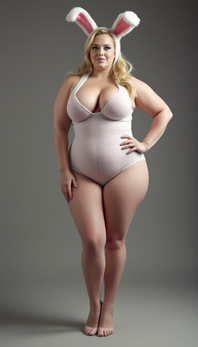 AI generated: Reese Witherspoon, wearing a sexy bunny costume, Curvy Tight Figure, Small Waist, Huge Breasts, Stan...