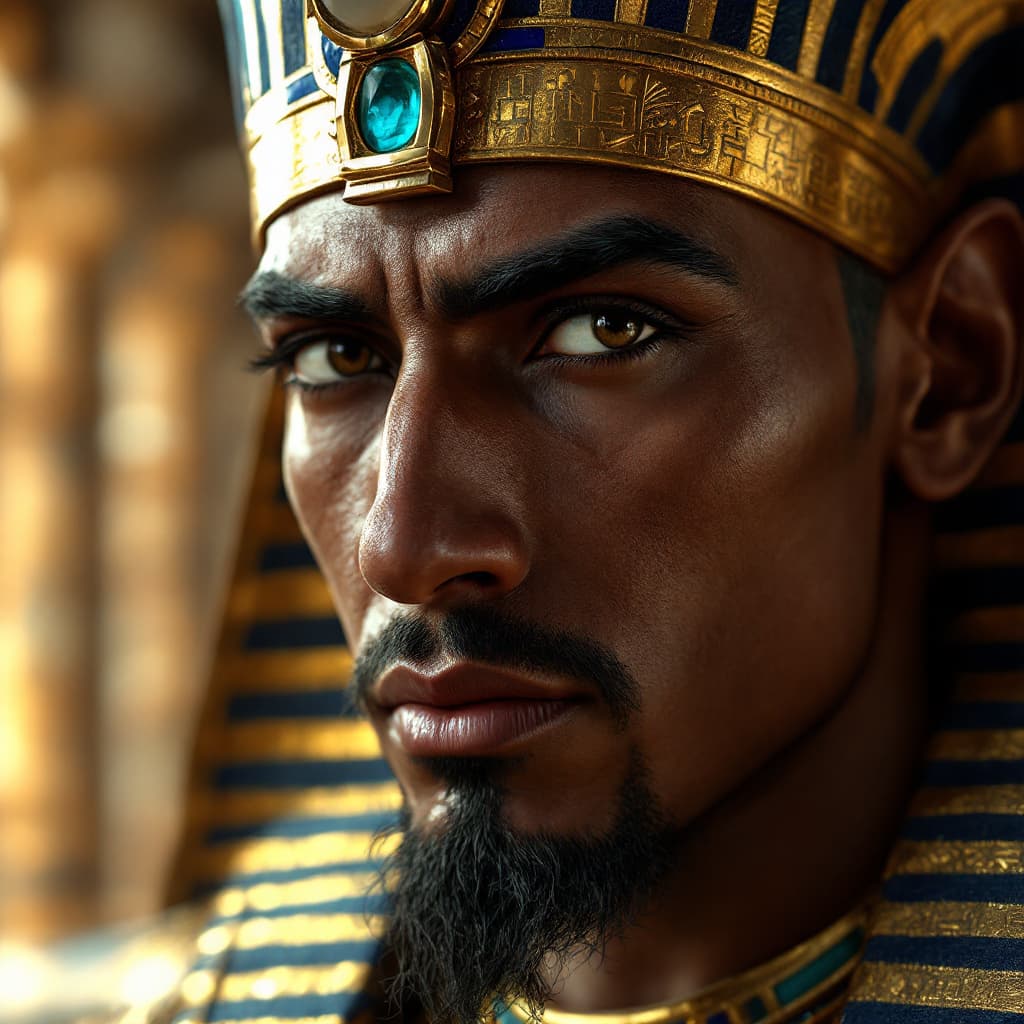 AI generated: A hyper-realistic, ultra-detailed close-up portrait of an ancient Egyptian pharaoh, centered on his ...