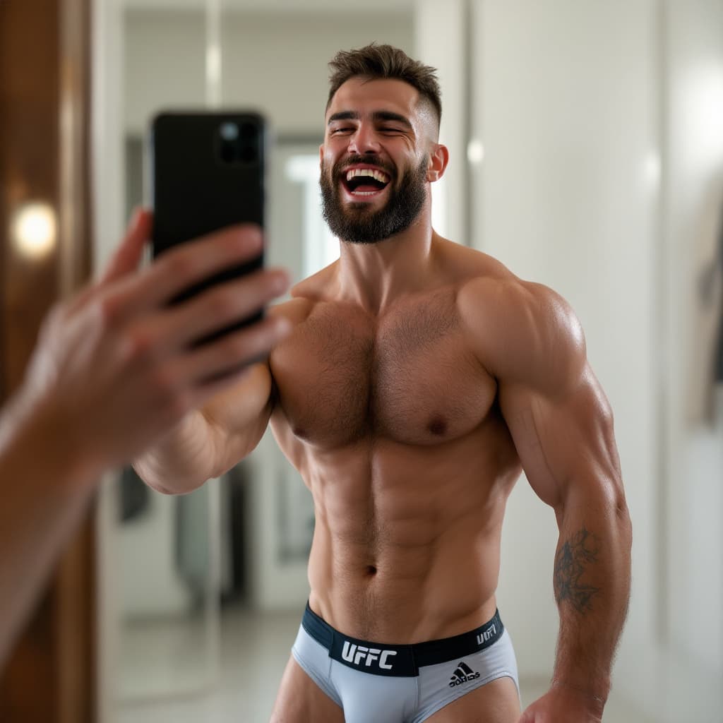 AI generated: MMA fighter. Erko-jun. Laughing. Taking Selfie. briefs. Hairy chest. Huge carves muscles. short hair...