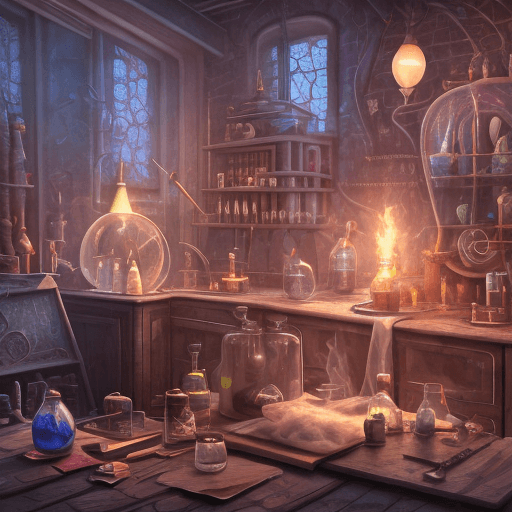 AI generated: wizard with evil laugh, messy laboratory environment, potions, mixing, smoke, electric colors, extre...