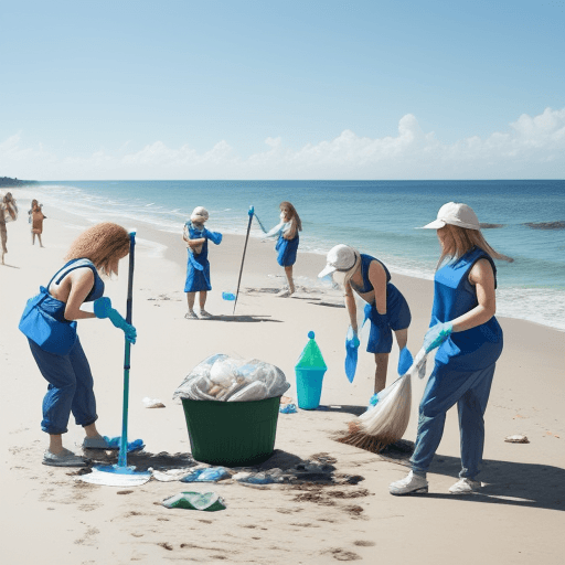 AI generated: Photo of a ultra realistic group of people cleaning trash on a beach