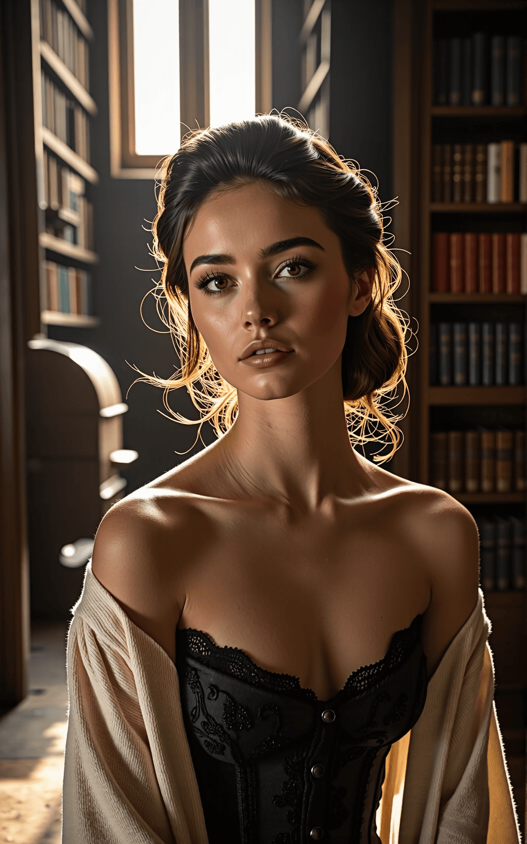 AI generated: In a grand, shadowed London library of towering polished oak shelves, a mesmerizing woman exudes mag...