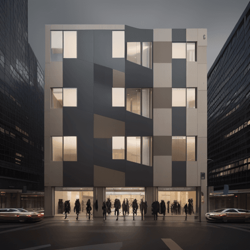 AI generated: photography, eye-level, front view, a contemporary urban building facade during twilight with pedest...