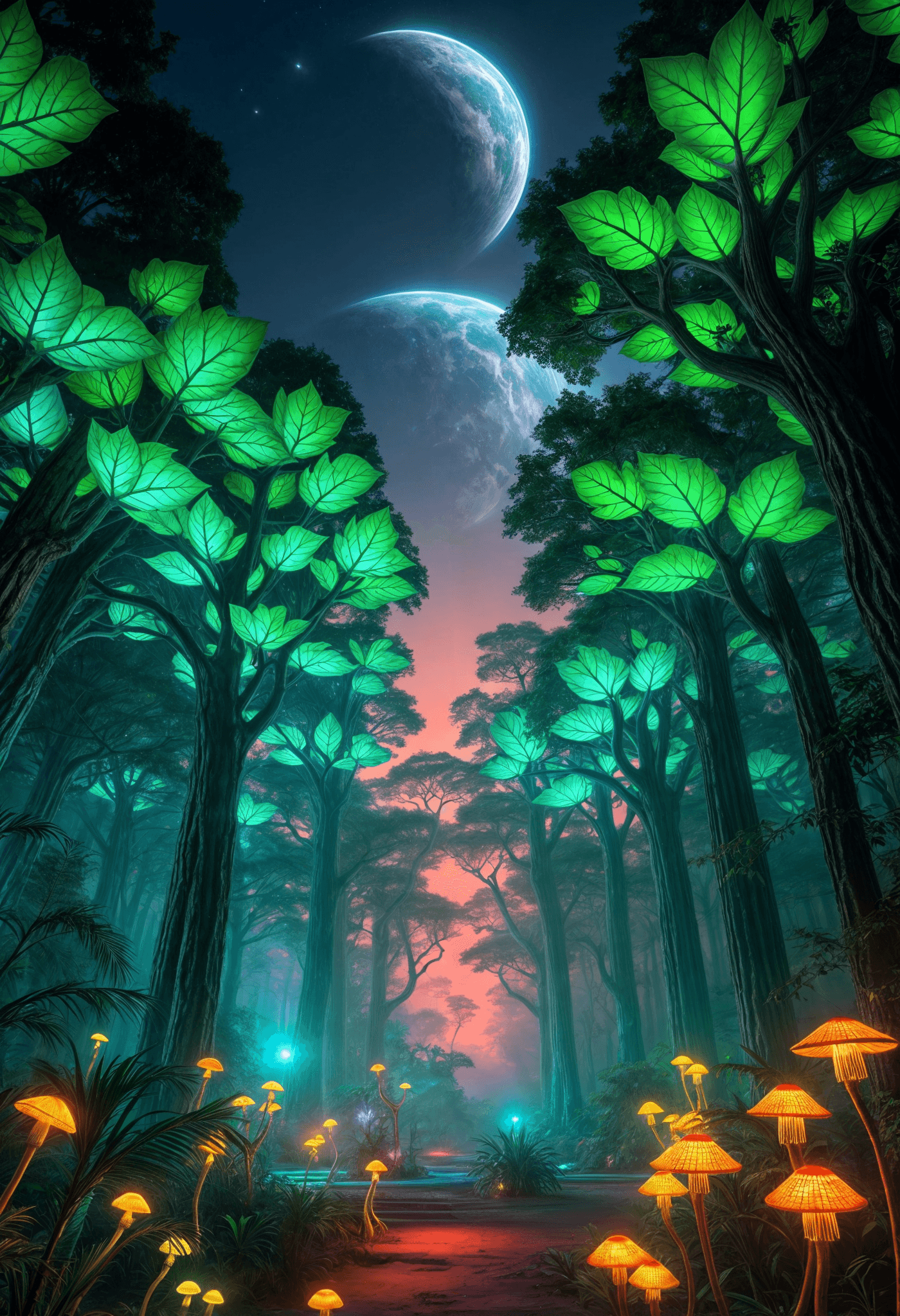 AI generated: A vertical view of an alien jungle, where massive glowing trees with blue and green bio-luminescent ...