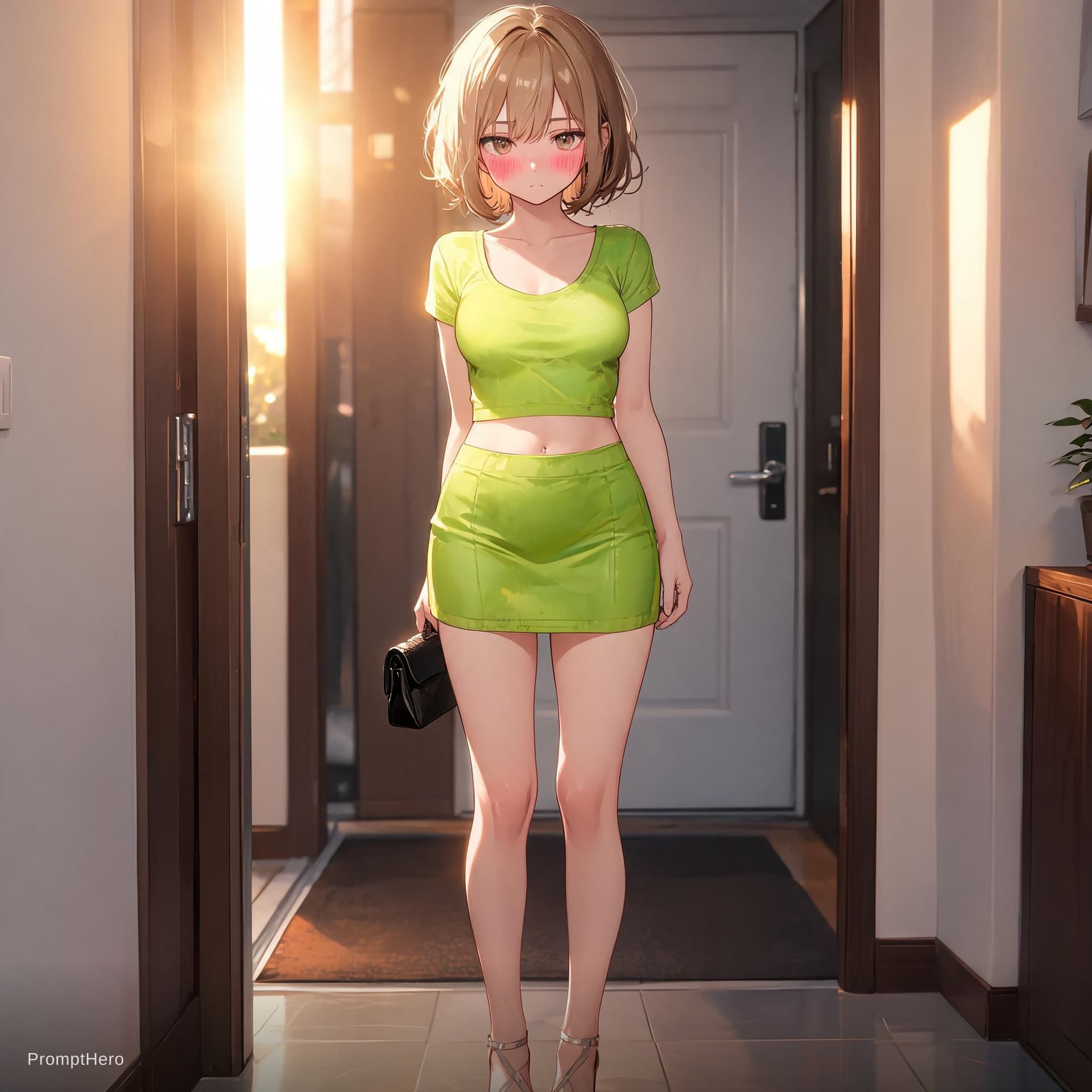 AI generated: Full body photo of a blushing Polish American female model with short shiny blonde brown hair in wor...