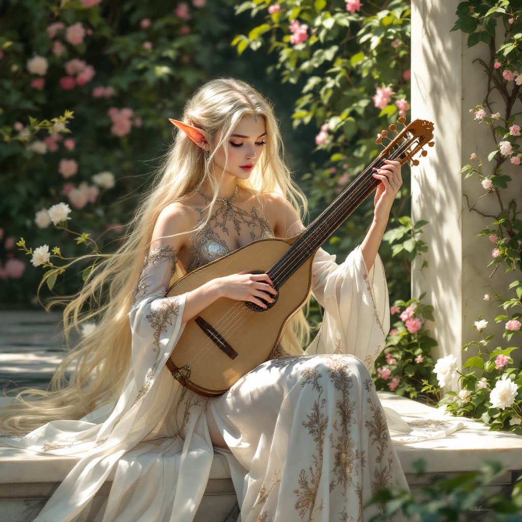 AI generated: A beautiful elf woman with long, flowing blonde hair sits gracefully in a marble garden, her delicat...