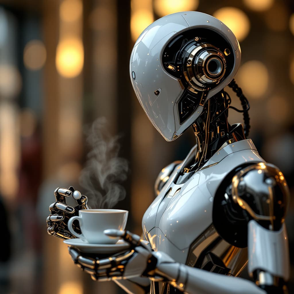 AI generated: a robot serving a coffee in a futuristic digital art of determination, elegant design, metallic colo...