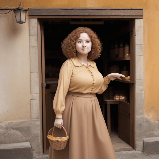 AI generated: Middle age plump woman, holding an orange cat, short curly mousy brown hair, wearing a beige blouse ...