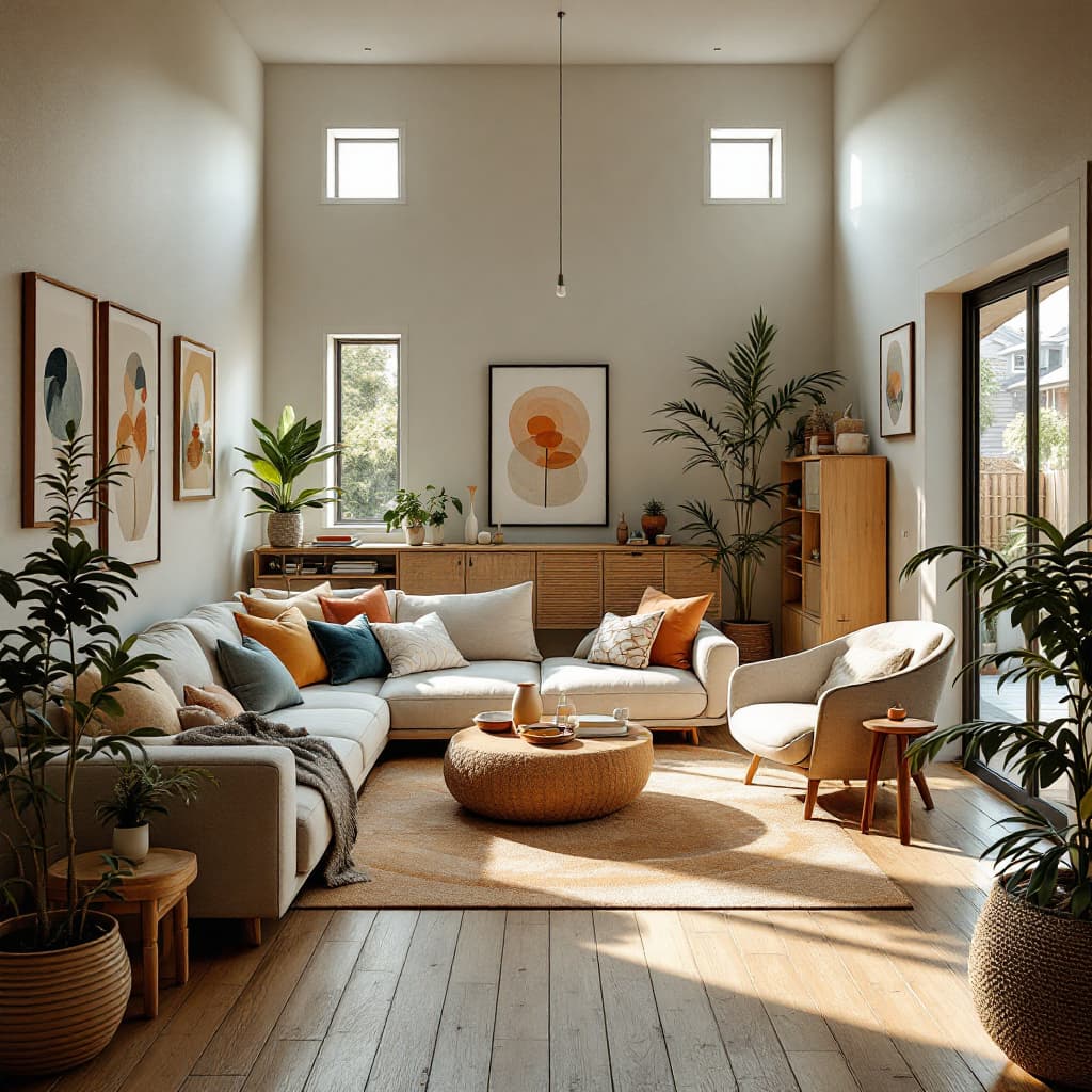 AI generated: High resolution photography interior design, dreamy sunken living room conversation pit, wooden floo...