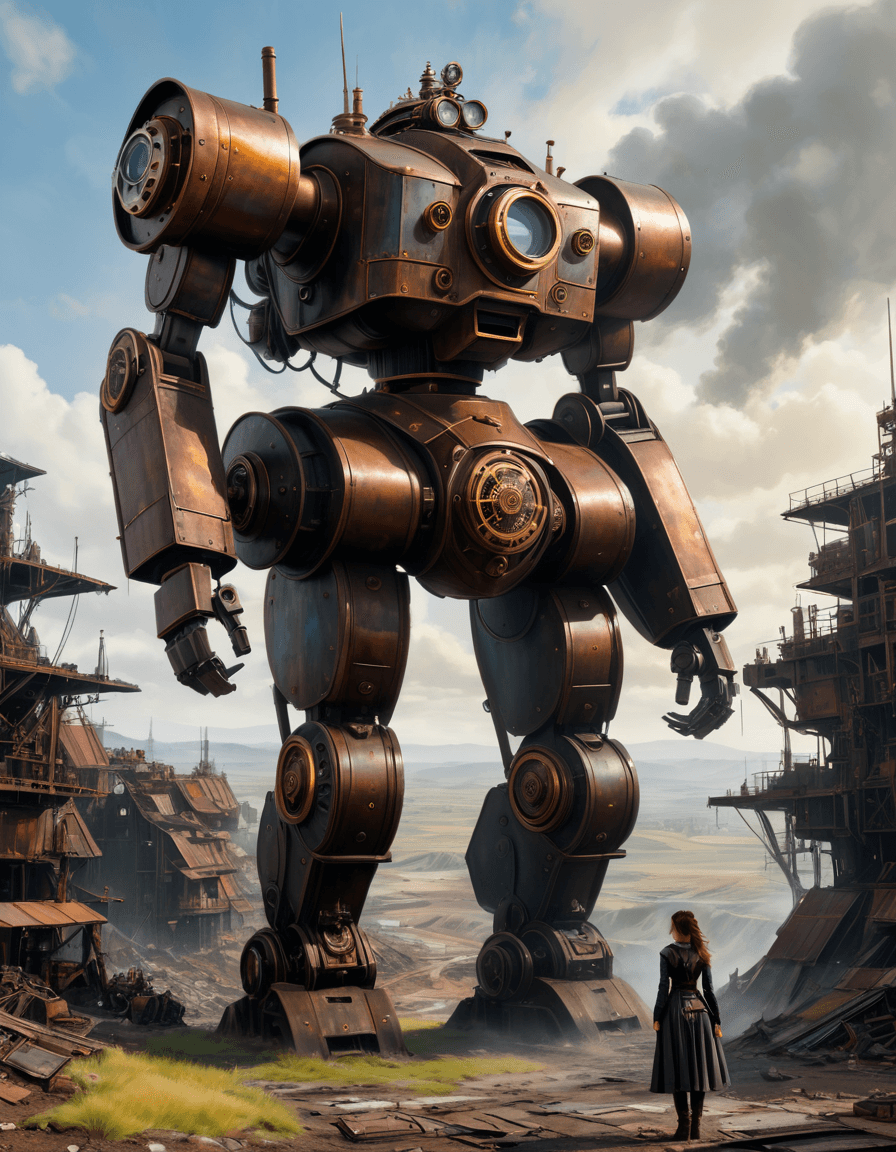 AI generated: a painting of a giant steampunk mech made out of scrap metal facing the camera, woman in standing fr...