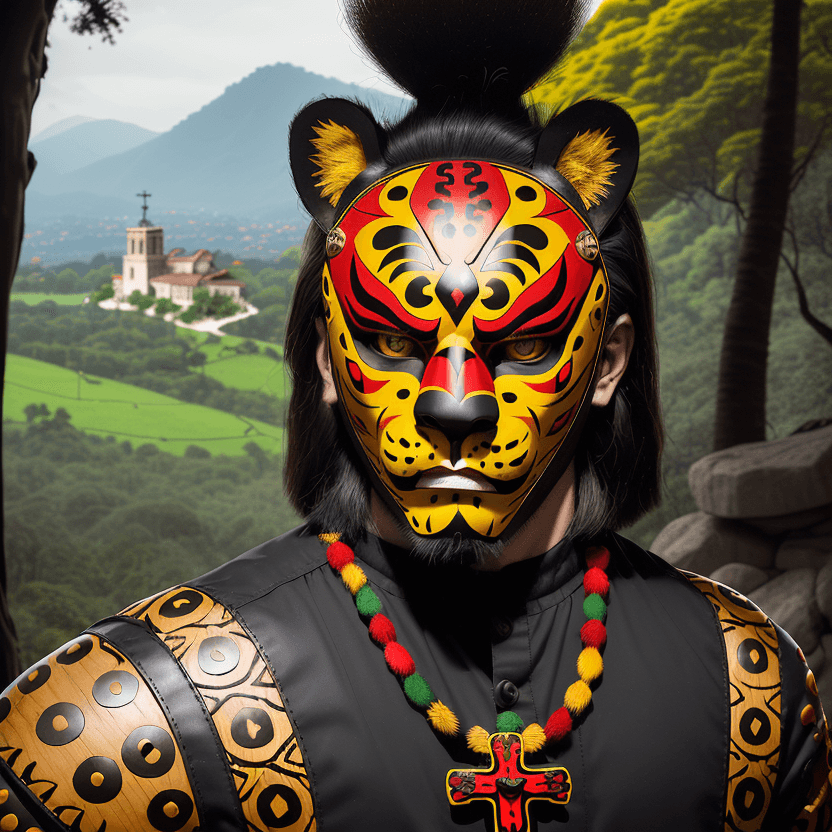 AI generated: man with jaguar warrior helmet mask with jaguar-style spots, wooden mask, fine wood details, zoque i...