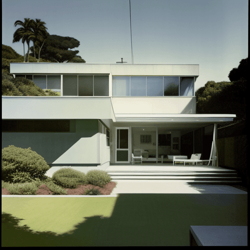AI generated: Hyper realistic eye level exterior photo of a mid century modern style house overlooking the ocean, ...