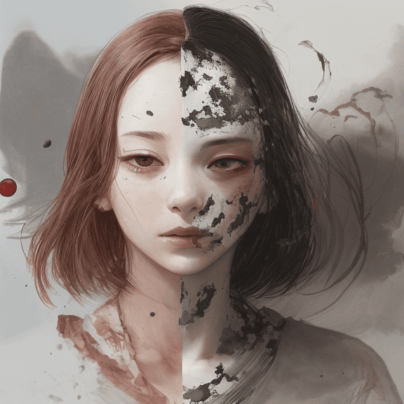 AI generated: a single Woman crying blood, artwork by Takato Yamamoto and Chika Yamada, minimalistic, face barely ...