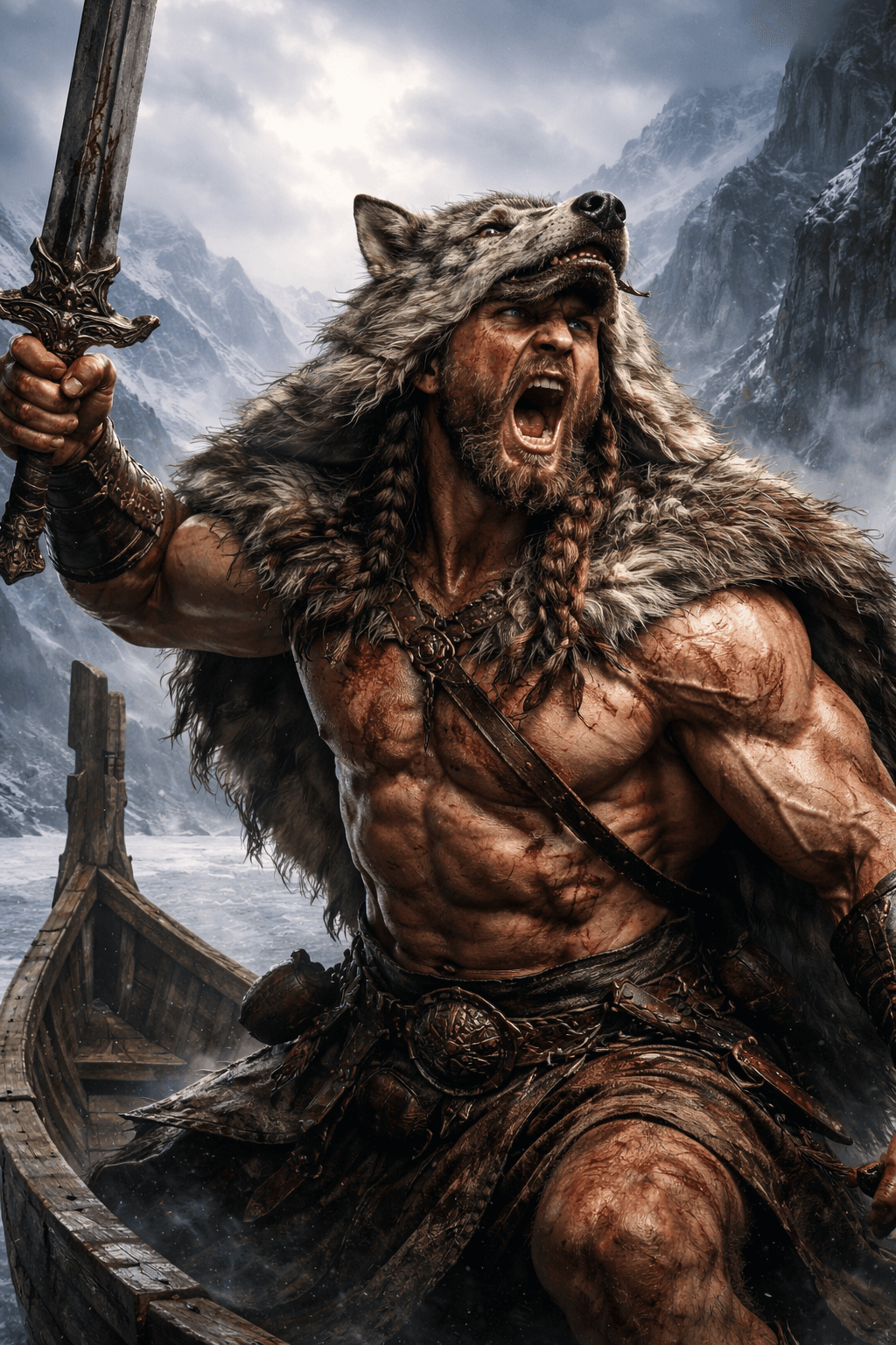 AI generated: warrior warrior, muscular, sword, wearing a wolf pelt, in a ship, icy fjord, misty skies, close up