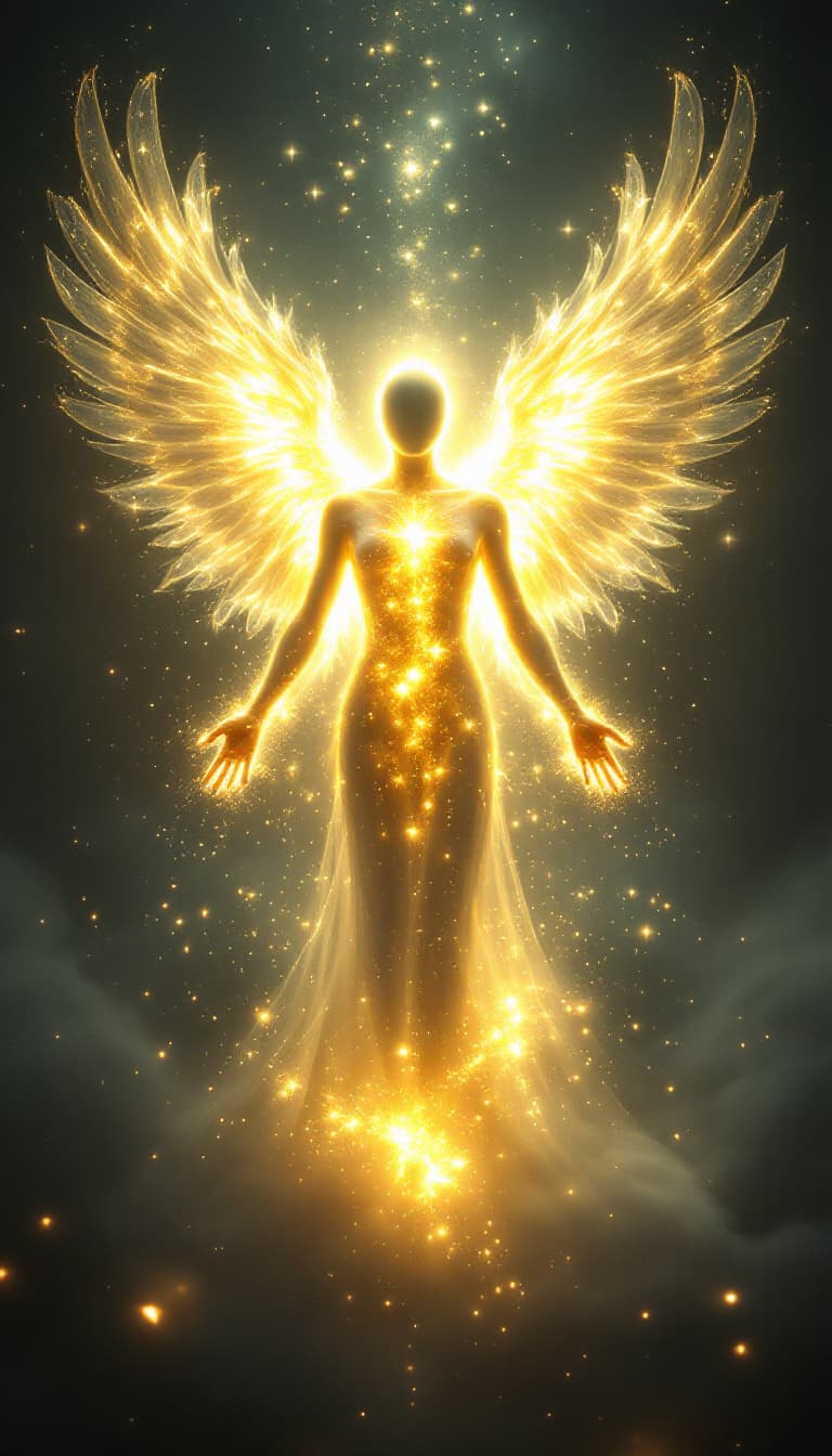 AI generated: “A faceless angel made of pure glowing light, standing in a vast dark realm, with enormous radiant w...