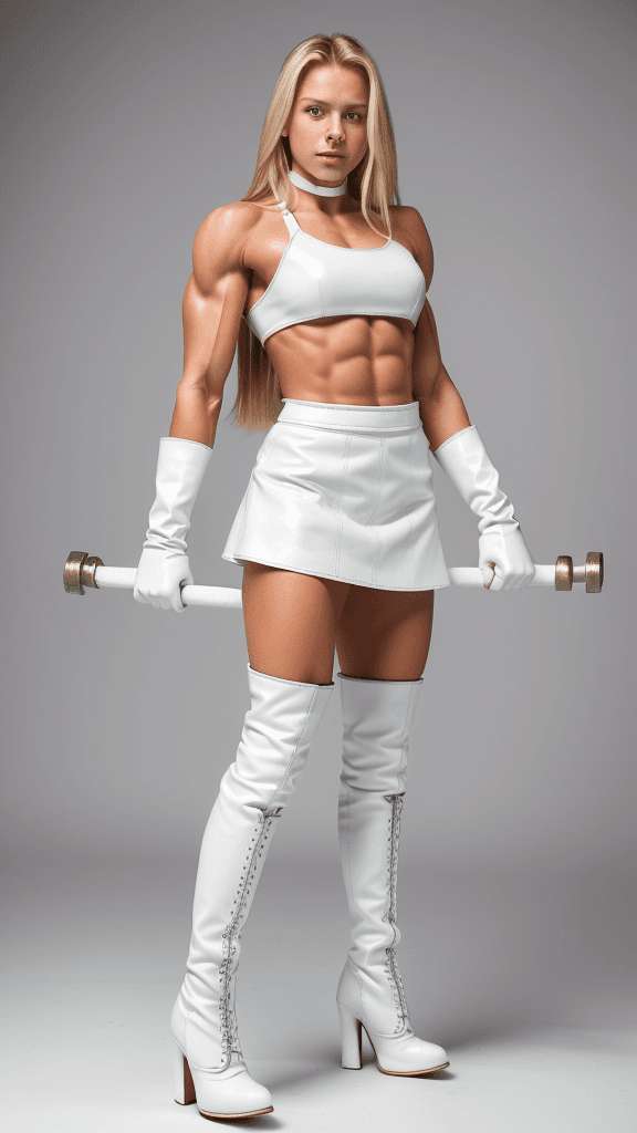 AI generated: 16 year old Girl as super strong muscular woman, toned biceps, long blonde hair, wears white Leather...