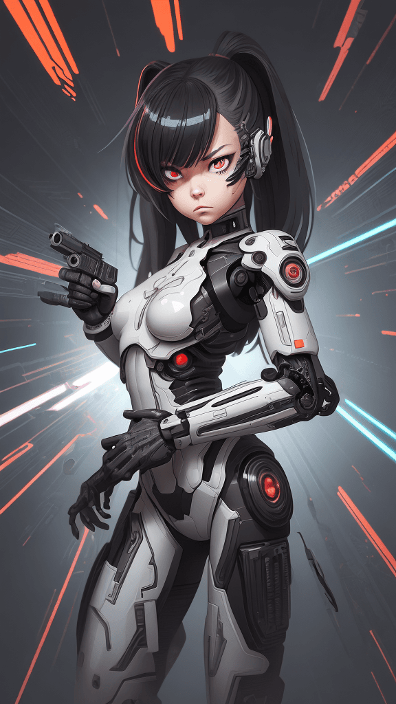 AI generated: in a neutral background portrait of little ((((Cyborg/army/female)))):4.4, shooting a ((((weapon))):...