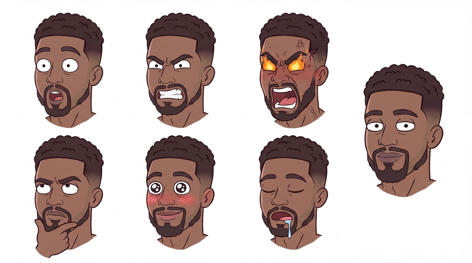 AI generated: create a different facial expressions. Character sheet. Surprised, Angry with teeth showing, Raging ...