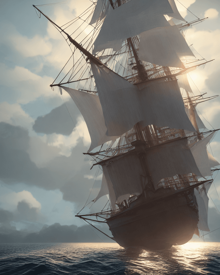 AI generated: Photo of a ultra realistic sailing ship, dramatic light, pale sunrise, cinematic lighting, battered,...