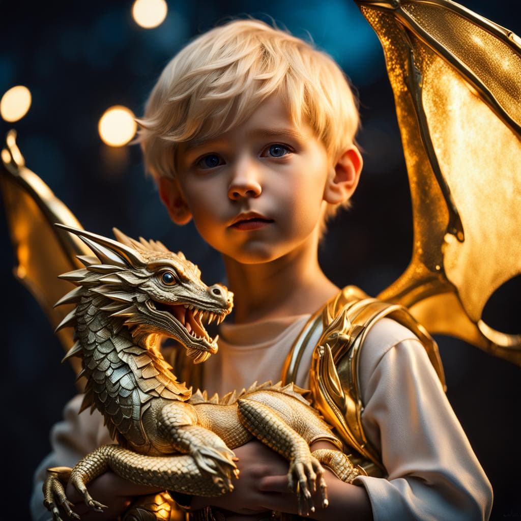 AI generated: Cute young blonde headed cyberpunk boy holding her golden baby dragon, fantasy, exquisite detail, 30...