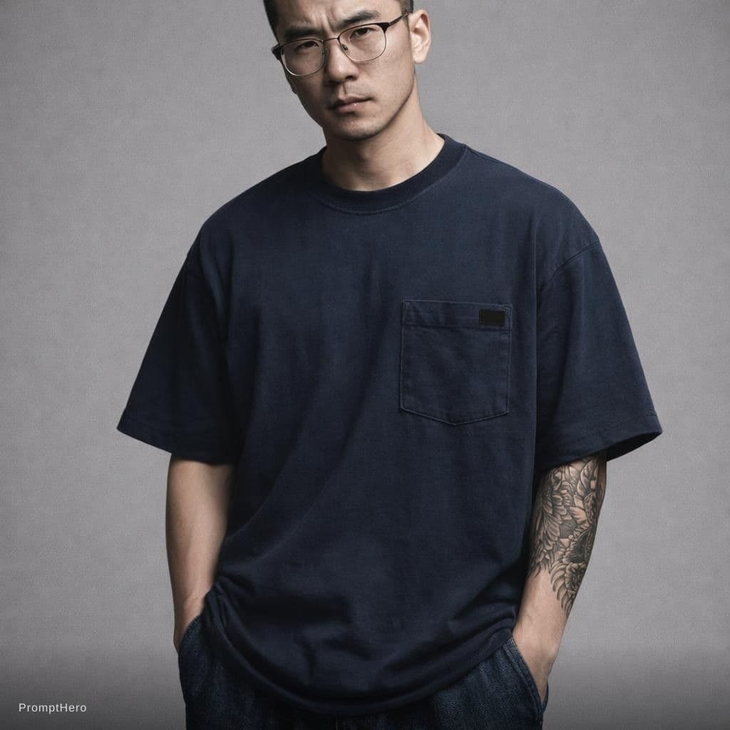 AI generated: photograph, front view, professional model, man, shaved hair and neat beard with horn-rimmed glasses...