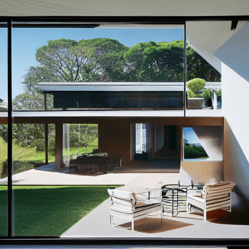AI generated: Hyper realistic eye level exterior photo of a mid century modern style house overlooking the ocean, ...