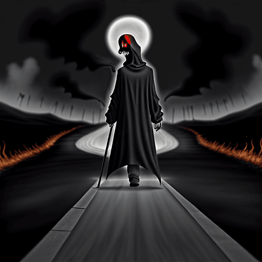 AI generated: The Grim Reaper walking a lonely road to hell.