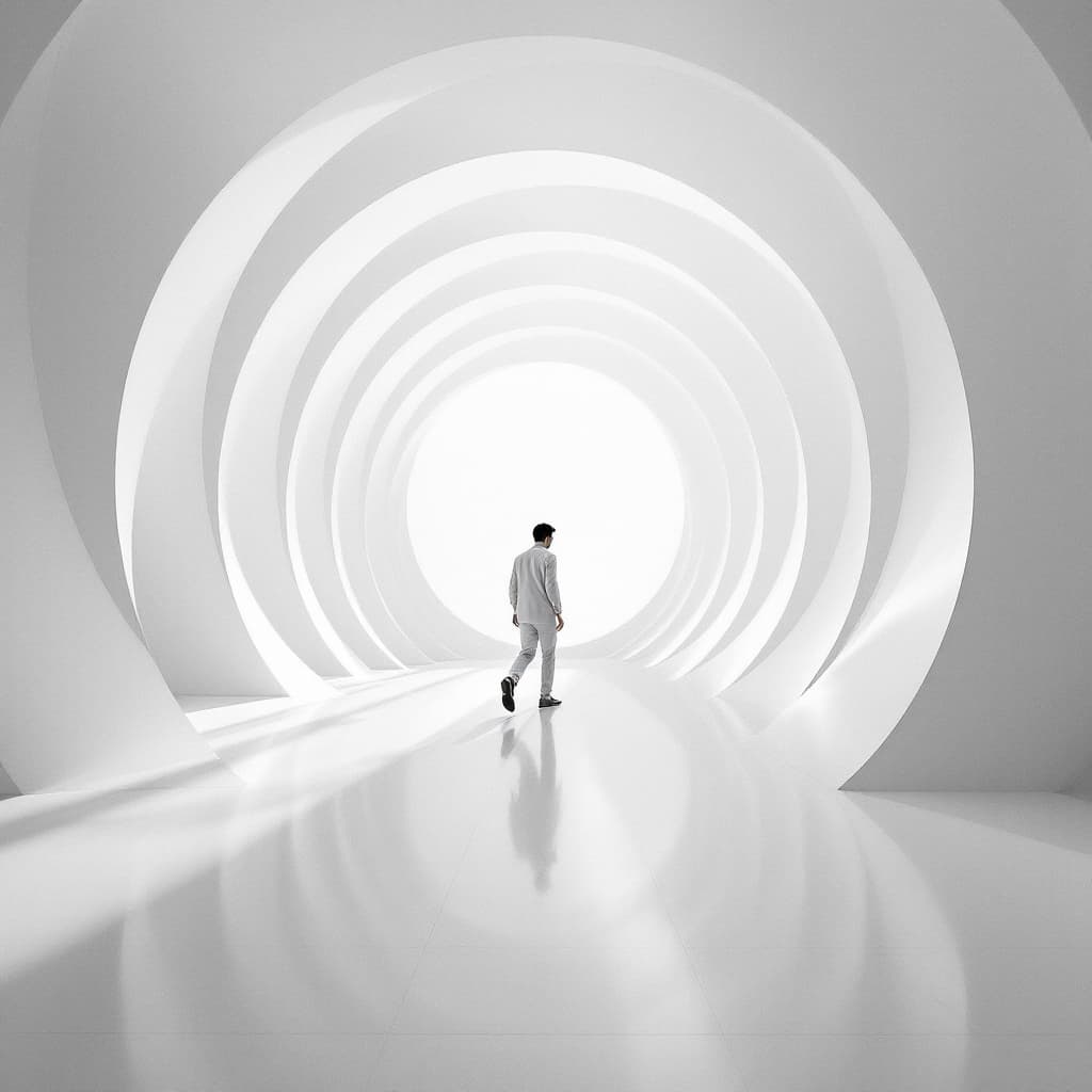 AI generated: A man walking in the center of an infinite white circular building, symmetrical photo, architectural...