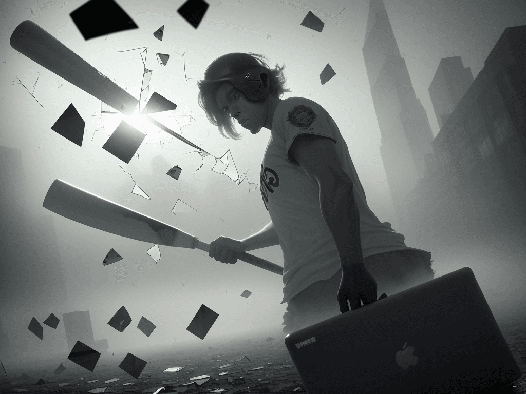 AI generated: Front view, broken screen with glass fragments, a big baseball bat hits a laptop, a lot of money is ...