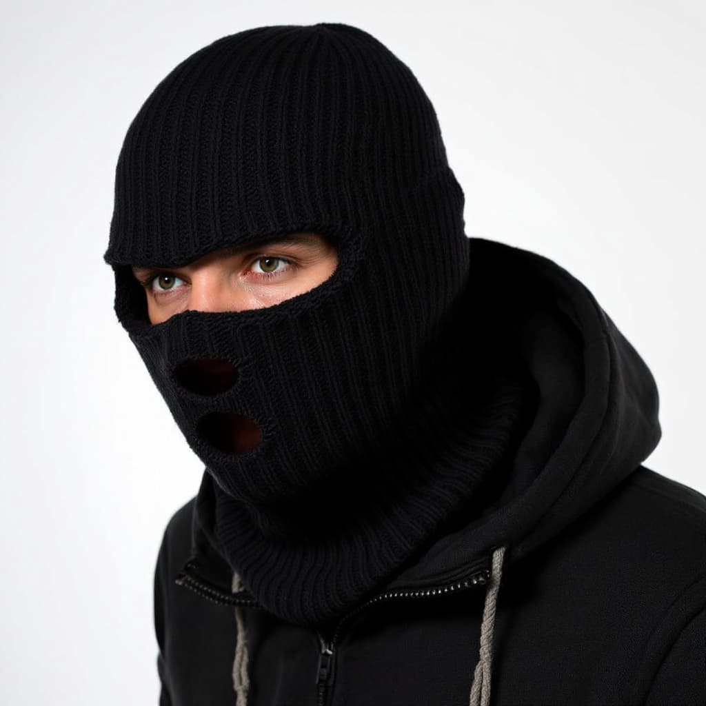 AI generated: black ribbed knit skimask with two holes for the eyes, one whole for the mouth
