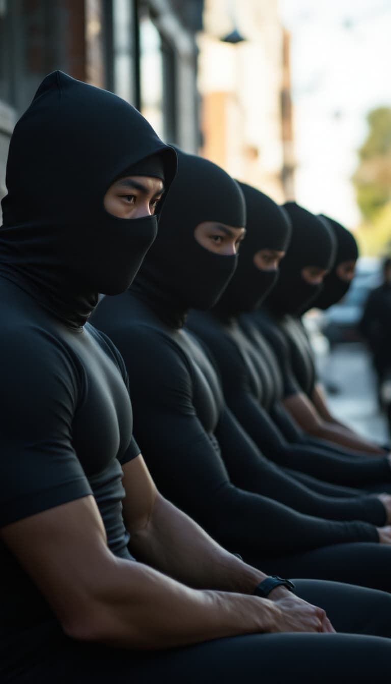 AI generated: Five athletic muscular male Asian Chinese are wearing compression jammers are under police investiga...