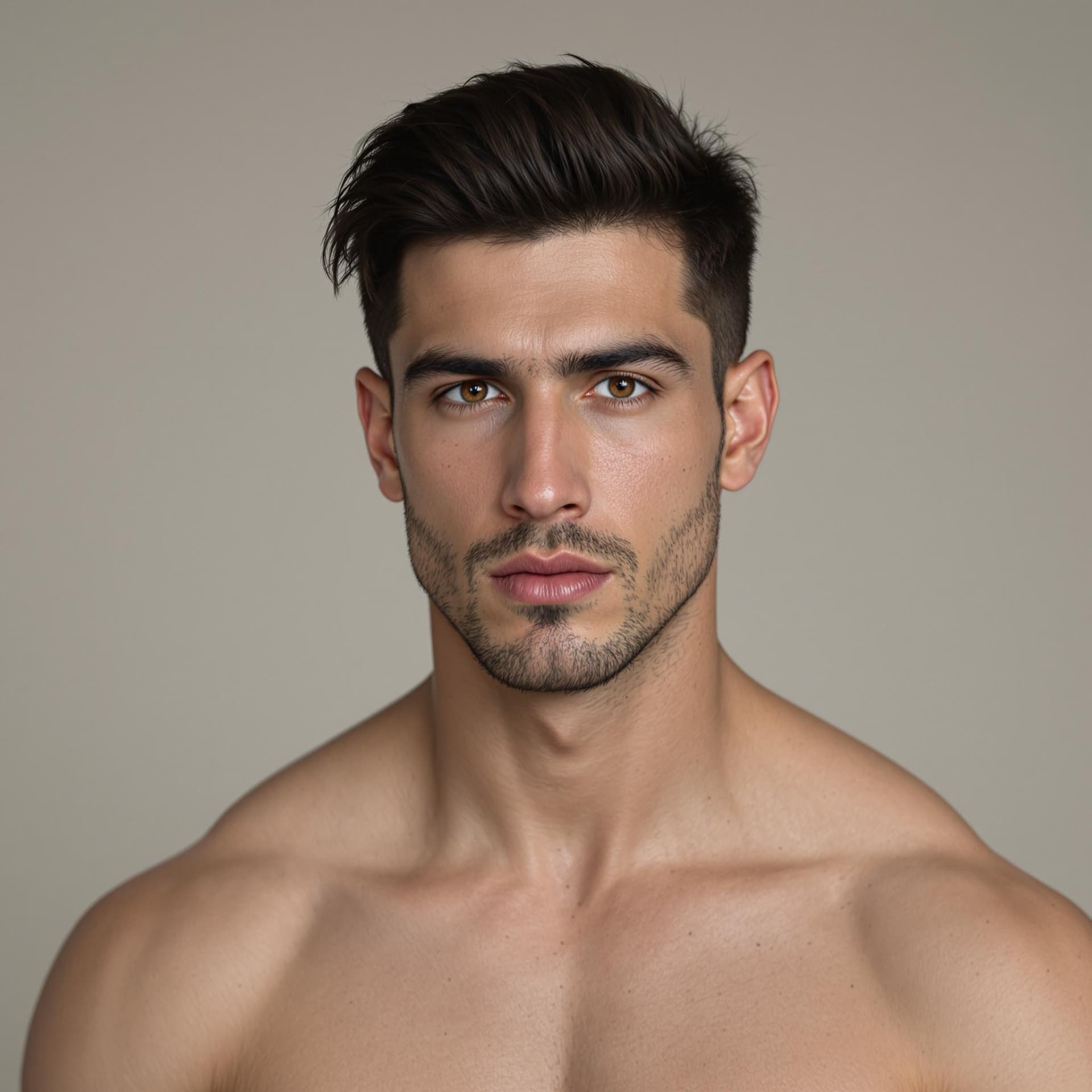AI generated: A male in his 20's,muscular, face is very masculine.  the width of his chins is wide,his eyes are ho...