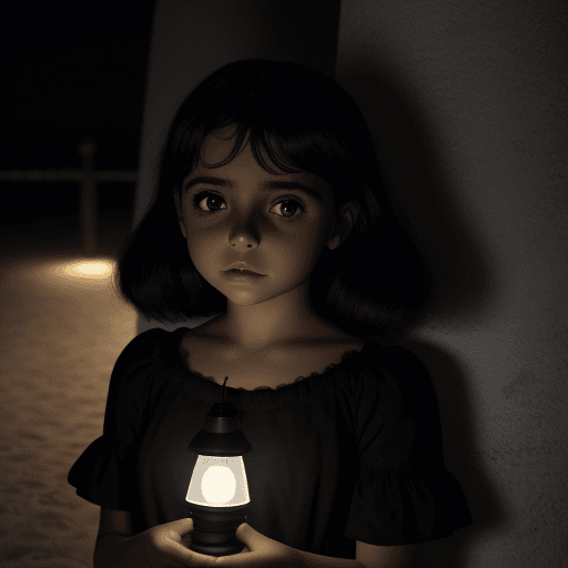 AI generated: niña toda de negro apoyada en un farol iluminado en la noche