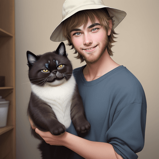 AI generated: /imagine prompt: Picture young man with cat, smile, happiness, dark blonde hair, medium length, dark...