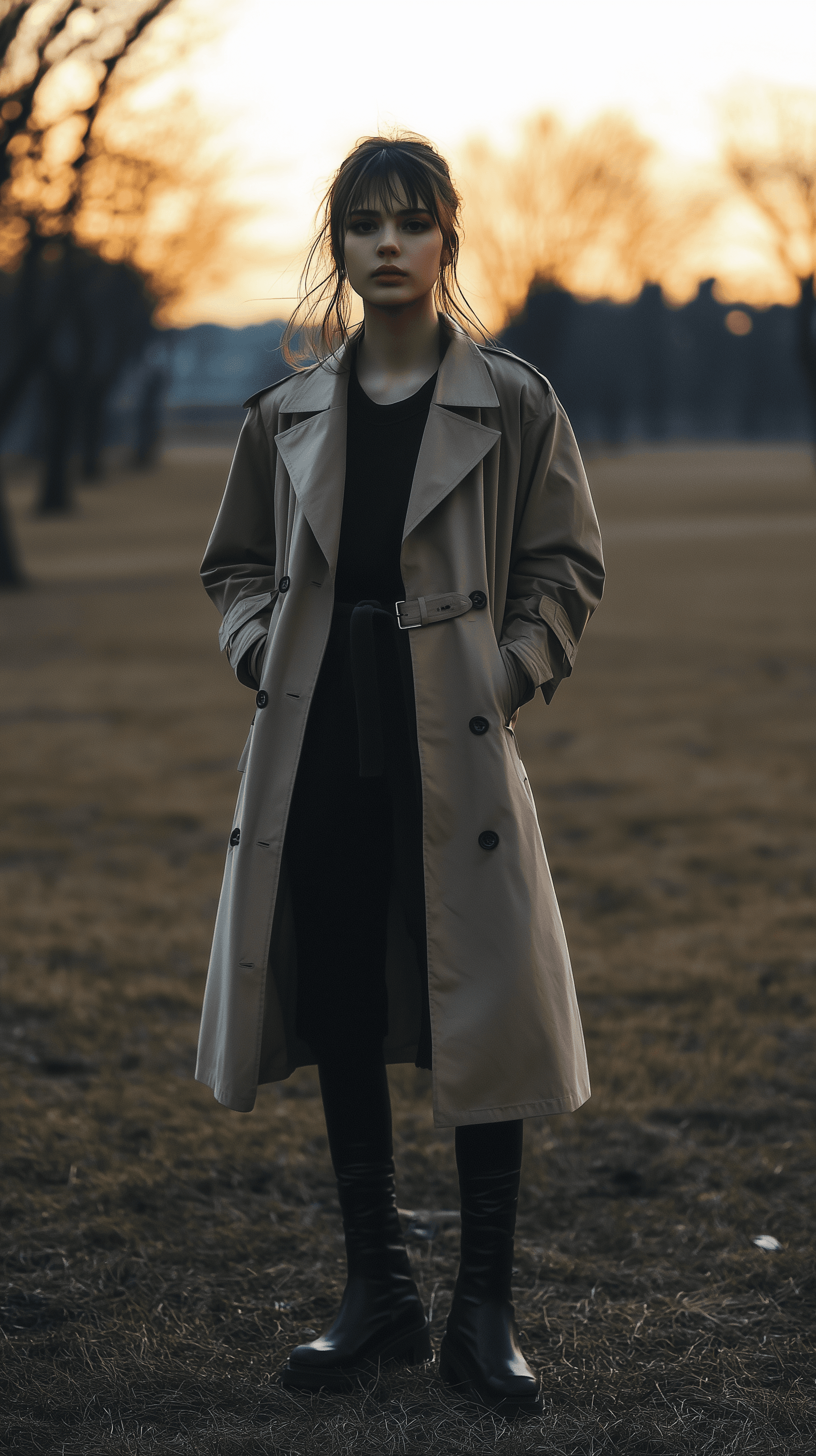 AI generated: full-body shot, female model, wearing a structured trench coat over a monochrome outfit, minimalist ...