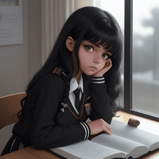 AI generated: Una hermosa joven de cabello negro, vestida con uniforme escolar, se sienta ante una mesa con su lib...