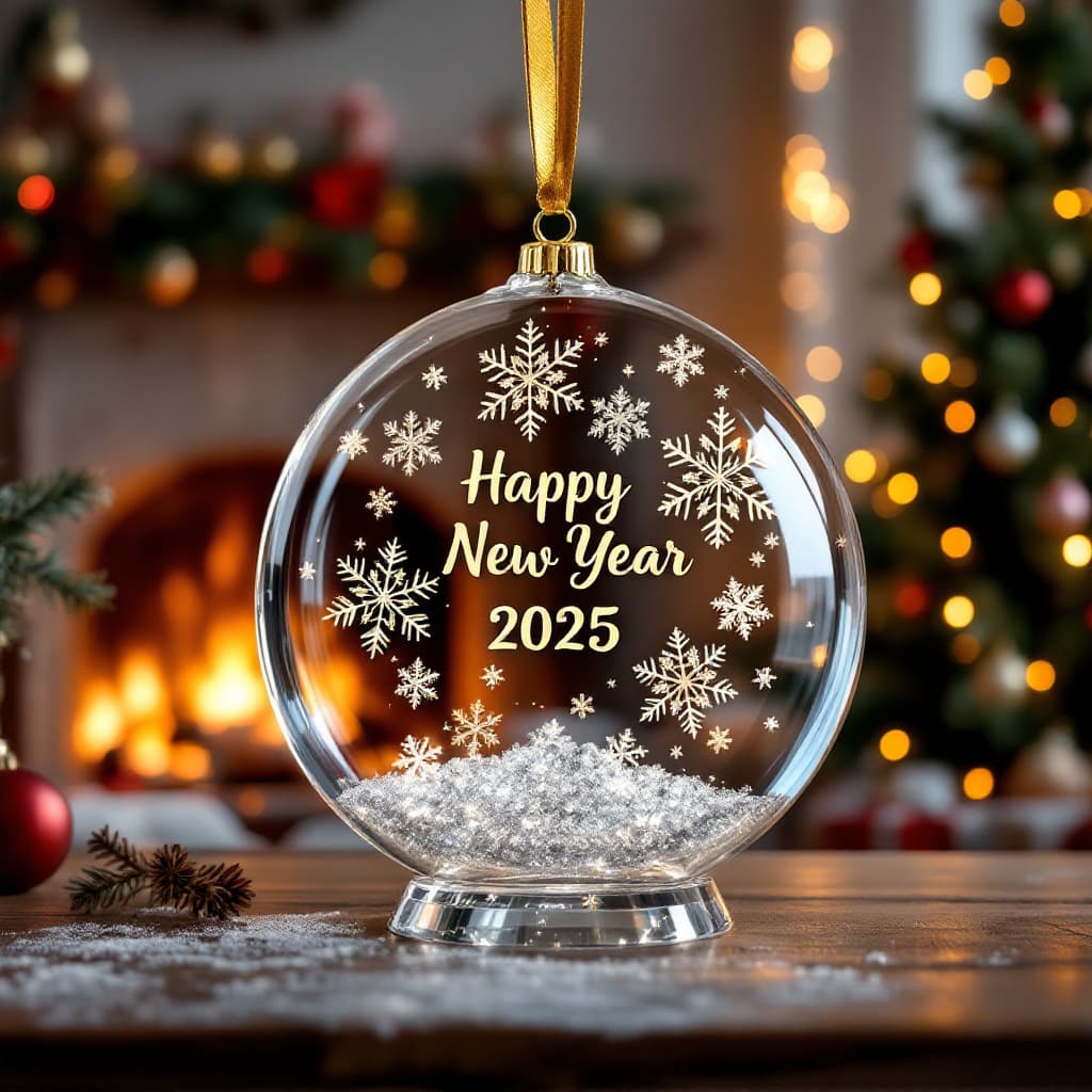 AI generated:  a translucent crystal ornament with beautiful snowflakes and the name "Happy New Year 2025" and "RE...