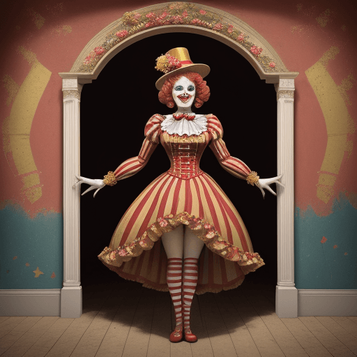 AI generated: A vintage circus clown doll with a red and gold outfit, in front of an arch adorned with flowers. Th...
