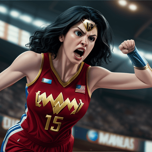 AI generated: wonder women from marvel wearing the USA basketball uniform while doing a great dunk screaming, real...