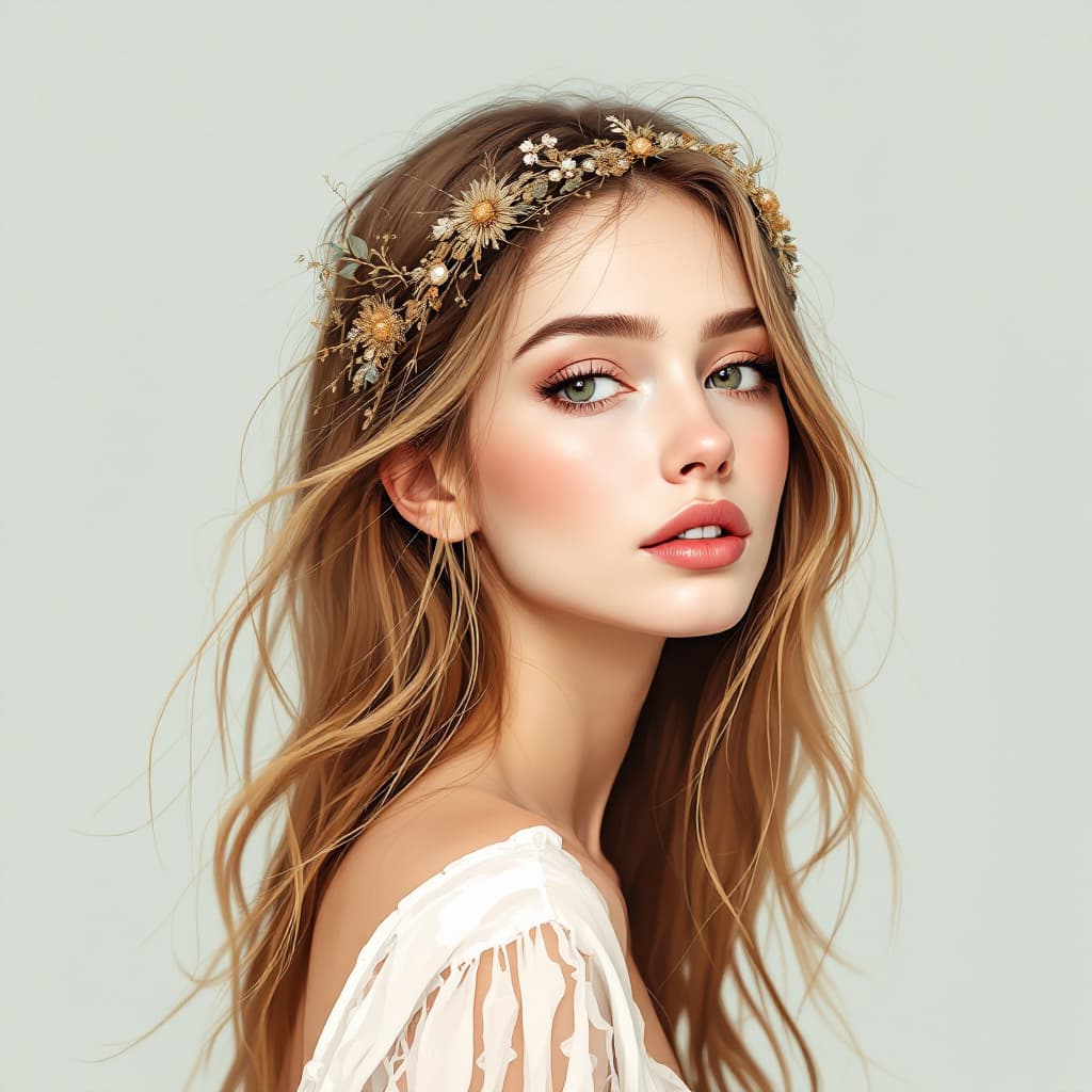AI generated: a Boho Chic lovely girl painting, the color tone with delicate features, pale white skin, light brow...