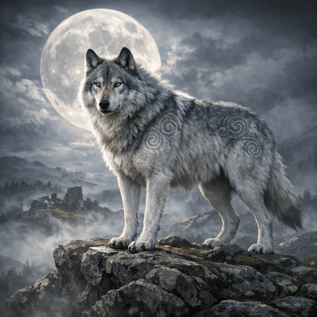 AI generated: magnificent Celtic wolf, larger than normal wolf, silver-grey fur with ancient spiral patterns faint...
