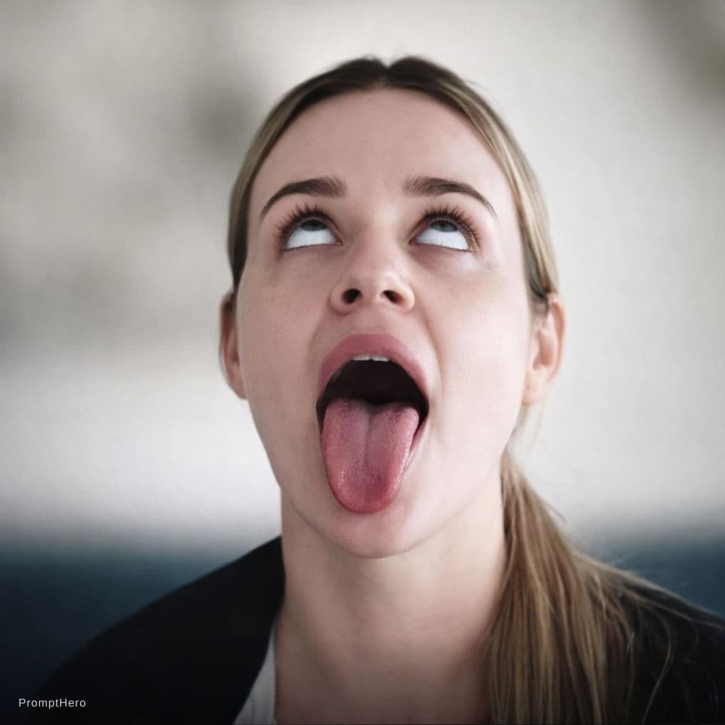 AI generated: Eyes rolled out, up. Tongue out. Mouth open. She is looking at the sky 