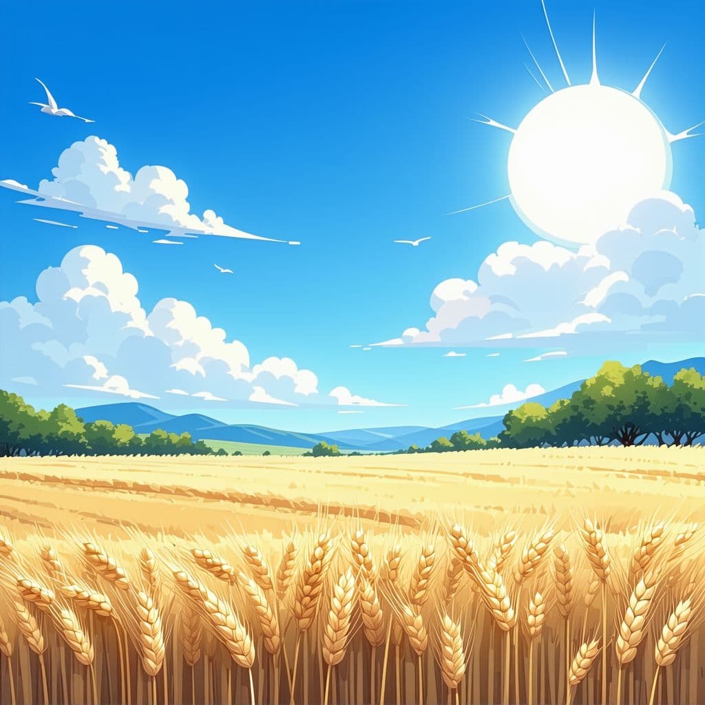 AI generated: A landscape image depicting a wheat field, Blue calm sky with some clouds and the sun in an anime dr...