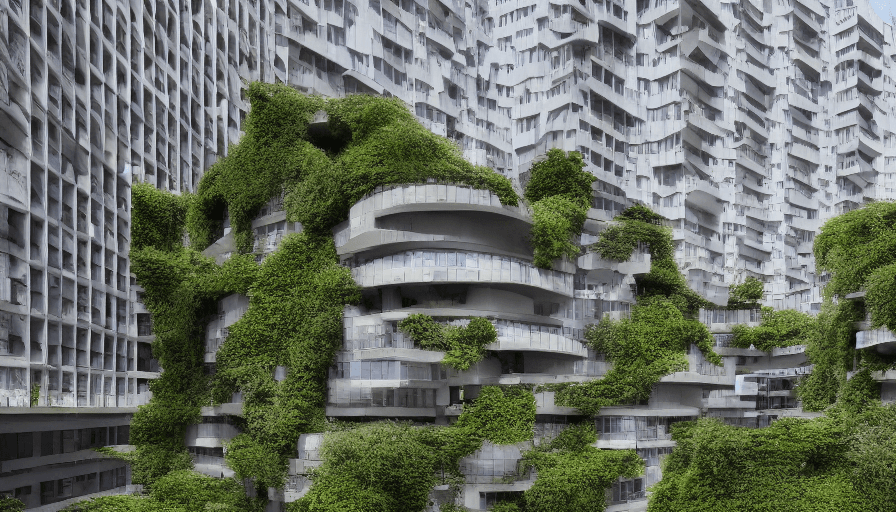 AI generated: < Realistic architectural rendering of a capsule multiple house within concrete giant car park witho...