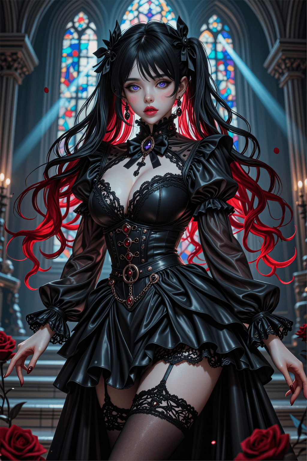 AI generated: Stunning anime-style portrait of a beautiful gothic vampire princess standing in a grand cathedral i...