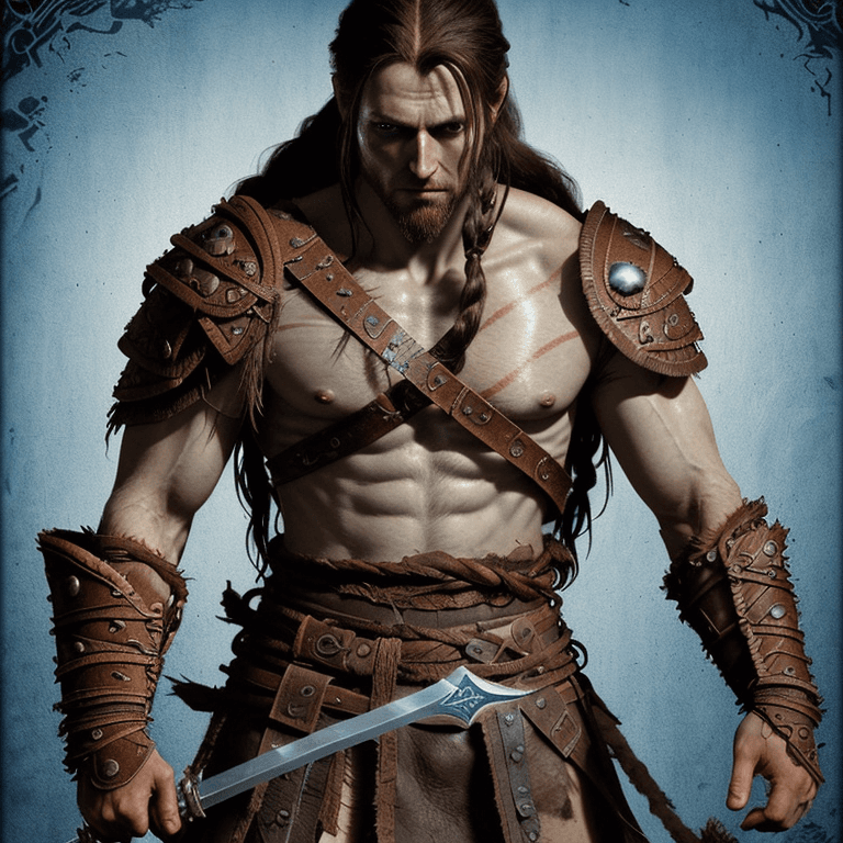 AI generated: A mysterious warrior with long braided hair looks like god of war, leather armor, torn cloak, brown ...